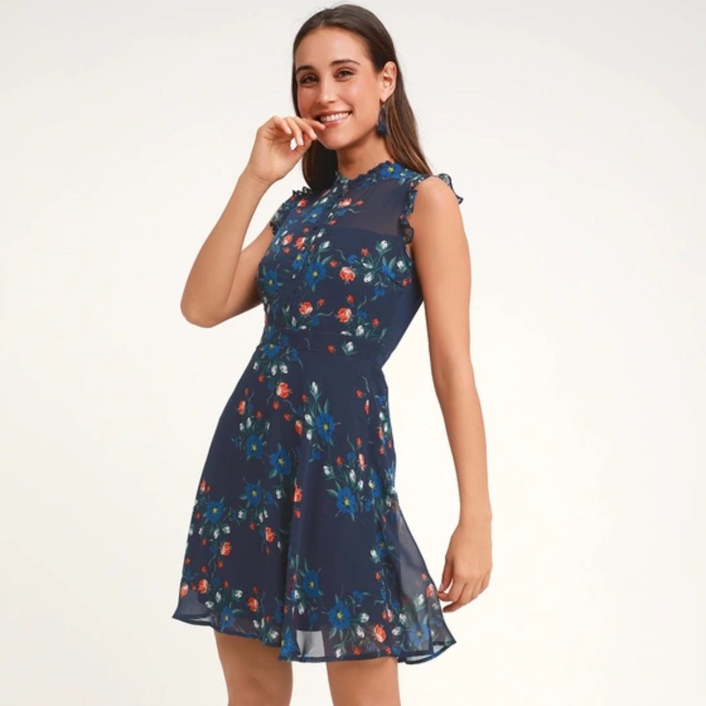 Lulu's Porch Swing Navy Blue Floral Print Skater Dress